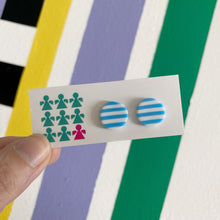Load image into Gallery viewer, Neon blue and white striped circle earrings
