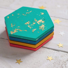 Load image into Gallery viewer, Nine Angels Colourful gold leaf jesmonite hexagon coaster set of 4