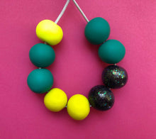 Load image into Gallery viewer, Nine Angels Glitter, jade green &amp; neon yellow clay necklace