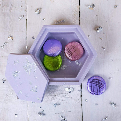 Nine Angels Hexagonal jesmonite trinket box, pastel lilac with lid