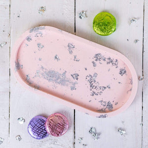 Nine Angels Jesmonite oval trinket tray, pastel pink with silver leaf