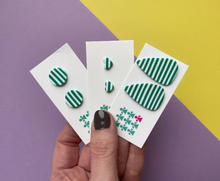 Load image into Gallery viewer, Giant green &amp; white striped triangle studs