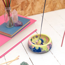 Load image into Gallery viewer, Marbled navy and neon Jesmonite incense holder
