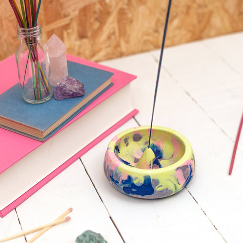 Marbled navy and neon Jesmonite incense holder