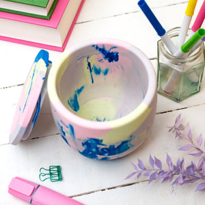Lilac, blue & neon Jesmonite XL pot with lid