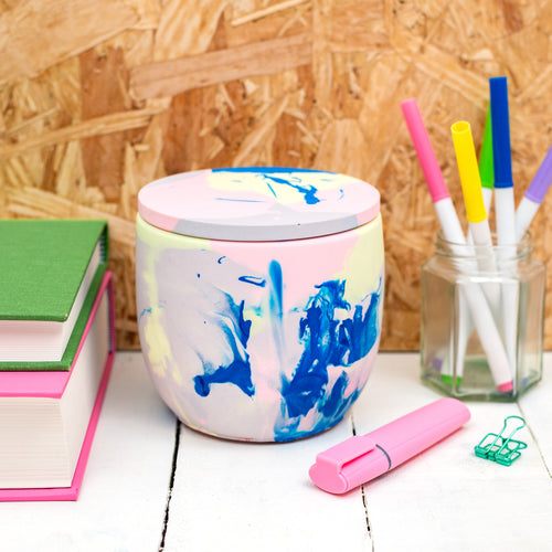Lilac, blue & neon Jesmonite XL pot with lid