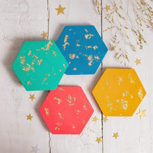 Load image into Gallery viewer, Nine Angels Colourful gold leaf jesmonite hexagon coaster set of 4
