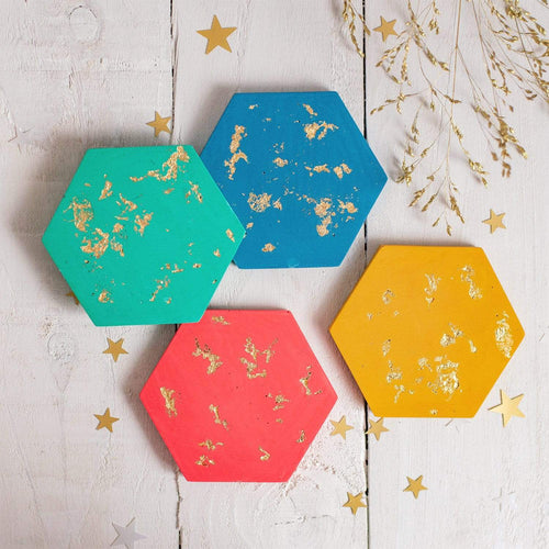 Nine Angels Colourful gold leaf jesmonite hexagon coaster set of 4