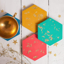 Load image into Gallery viewer, Nine Angels Colourful gold leaf jesmonite hexagon coaster set of 4
