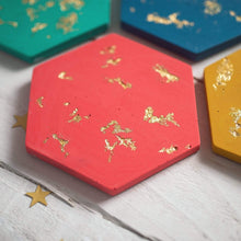 Load image into Gallery viewer, Nine Angels Colourful gold leaf jesmonite hexagon coaster set of 4