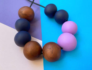 Nine Angels Copper, navy and lilac polymer clay necklace