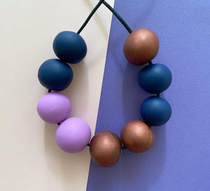 Nine Angels Copper, navy and lilac polymer clay necklace