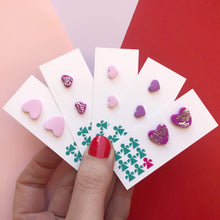 Load image into Gallery viewer, Nine Angels Fuchsia pink &amp; silver leaf Valentine’s heart stud earrings