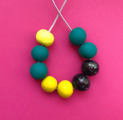 Nine Angels Glitter, jade green & neon yellow clay necklace