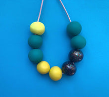 Load image into Gallery viewer, Nine Angels Glitter, jade green &amp; neon yellow clay necklace