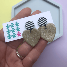 Load image into Gallery viewer, Nine Angels Gold glitter and stripy heart earrings