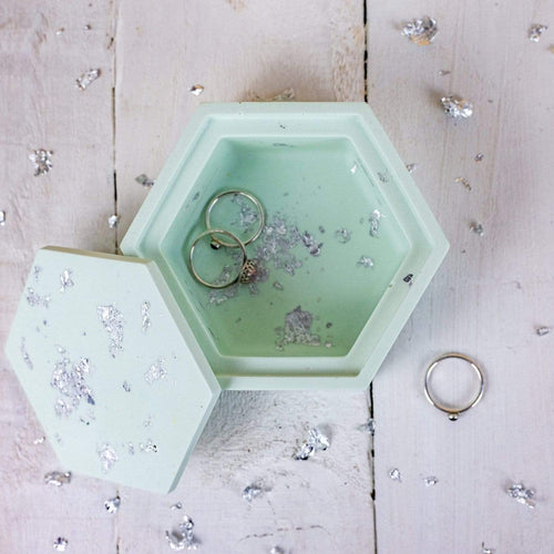 Nine Angels Hexagonal jesmonite trinket box, pastel green with lid