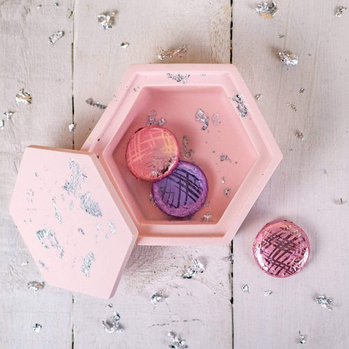 Nine Angels Hexagonal jesmonite trinket box, pastel pink with lid