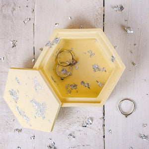 Nine Angels Hexagonal jesmonite trinket box, pastel yellow with lid