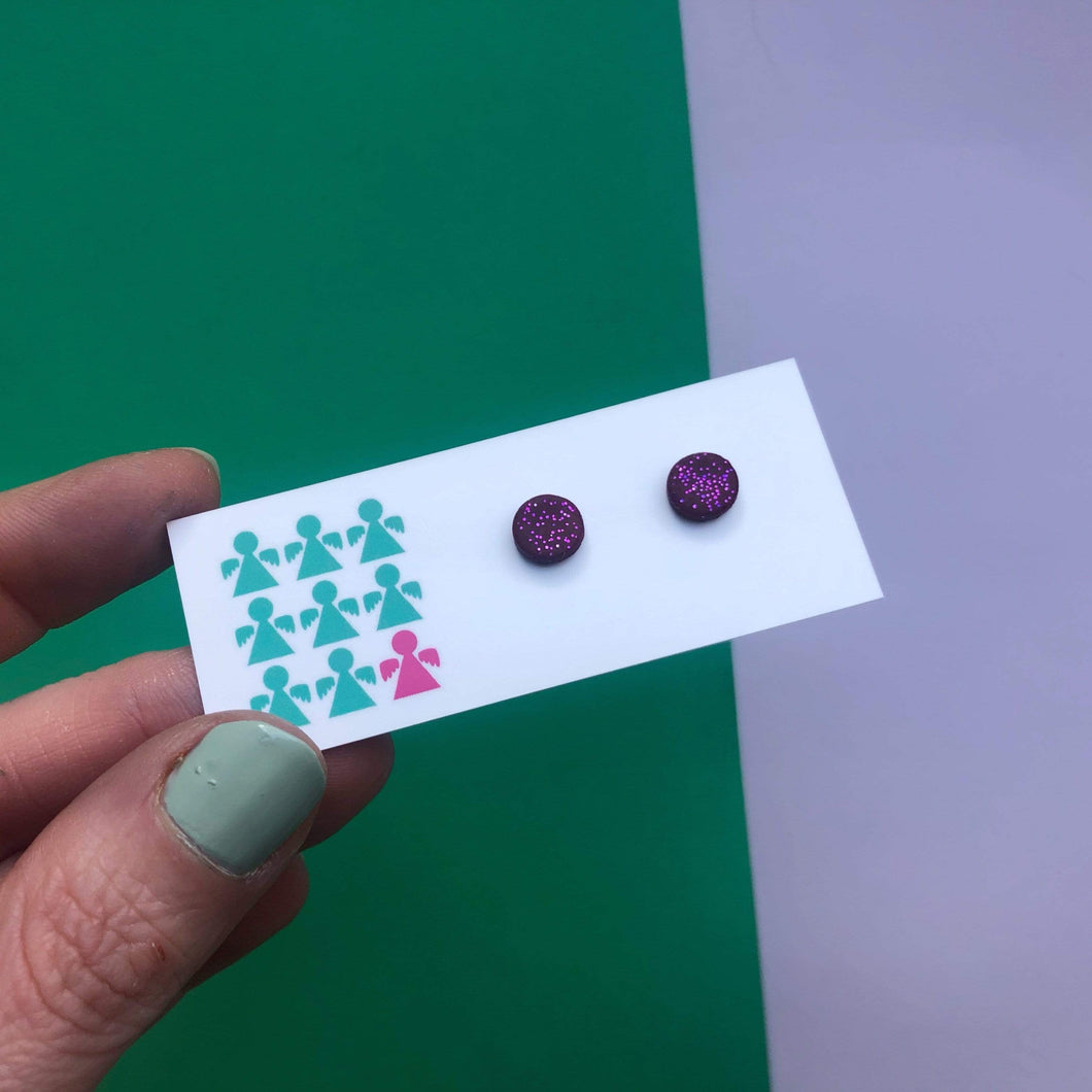 Nine Angels Hot pink/purple glitter mini circle earrings