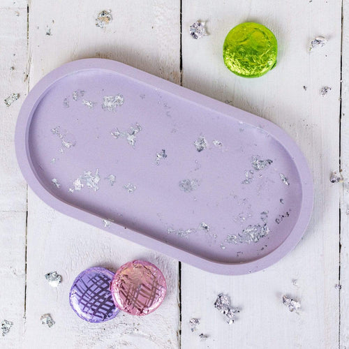 Nine Angels Jesmonite oval trinket tray, lilac with silver leaf