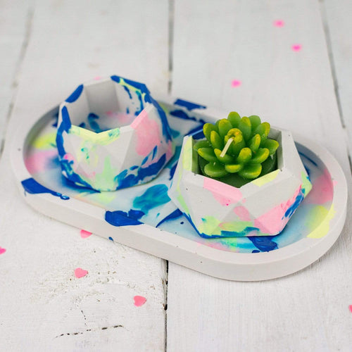 Nine Angels Jesmonite oval trinket tray & mini planter set, marbled tie-dye pattern