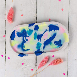 Nine Angels Jesmonite oval trinket tray & mini planter set, marbled tie-dye pattern