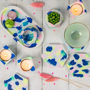 Nine Angels Jesmonite oval trinket tray & mini planter set, marbled tie-dye pattern
