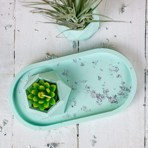 Nine Angels Jesmonite oval trinket tray & mini planter set, pastel green