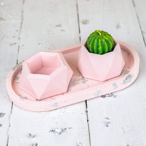Nine Angels Jesmonite oval trinket tray & mini planter set, pastel pink
