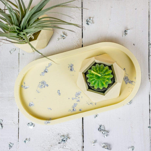 Nine Angels Jesmonite oval trinket tray & mini planter set, pastel yellow
