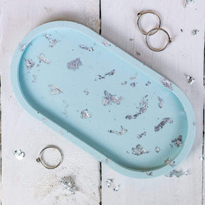 Nine Angels Jesmonite oval trinket tray, pastel blue with silver leaf