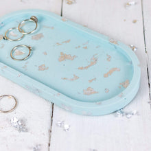 Load image into Gallery viewer, Nine Angels Jesmonite oval trinket tray, pastel blue with silver leaf