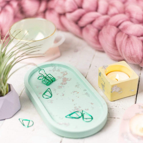Nine Angels Jesmonite oval trinket tray, pastel green with silver leaf