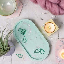 Load image into Gallery viewer, Nine Angels Jesmonite oval trinket tray, pastel green with silver leaf