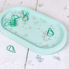 Load image into Gallery viewer, Nine Angels Jesmonite oval trinket tray, pastel green with silver leaf