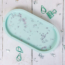 Load image into Gallery viewer, Nine Angels Jesmonite oval trinket tray, pastel green with silver leaf