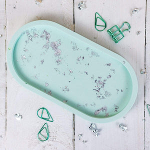Nine Angels Jesmonite oval trinket tray, pastel green with silver leaf