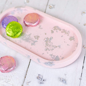 Nine Angels Jesmonite oval trinket tray, pastel pink with silver leaf