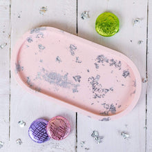 Load image into Gallery viewer, Nine Angels Jesmonite oval trinket tray, pastel pink with silver leaf