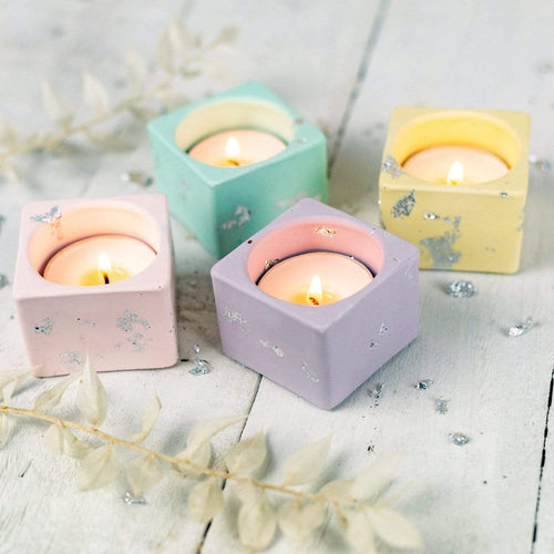 Nine Angels Jesmonite pastel tea light holder set with silver leaf, mini planter