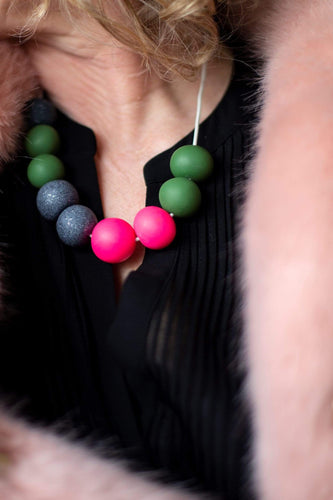 Nine Angels Khaki, neon pink and granite necklace
