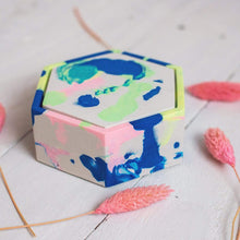 Load image into Gallery viewer, Nine Angels Neon marbled tie dye hexagonal jesmonite trinket box with lid