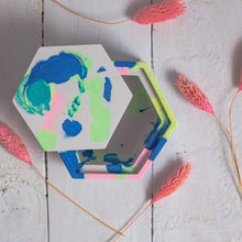 Load image into Gallery viewer, Nine Angels Neon marbled tie dye hexagonal jesmonite trinket box with lid