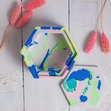 Load image into Gallery viewer, Nine Angels Neon marbled tie dye hexagonal jesmonite trinket box with lid