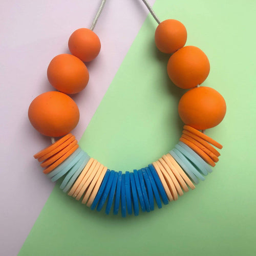 Nine Angels Orange, peach, ice blue and royal blue statement necklace