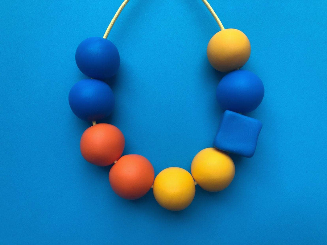 Nine Angels Orange, yellow & blue polymer clay statement necklace
