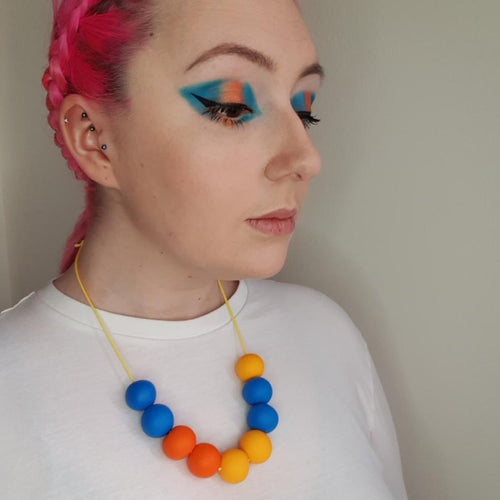Nine Angels Orange, yellow & blue polymer clay statement necklace