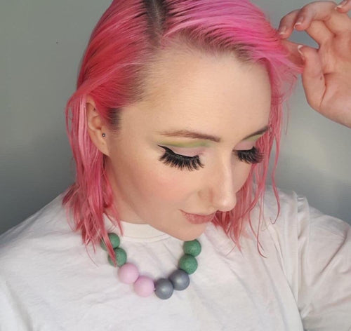 Nine Angels Pale green, pink & silver clay necklace