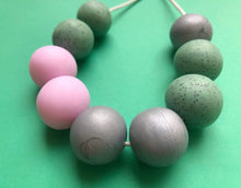 Load image into Gallery viewer, Nine Angels Pale green, pink &amp; silver clay necklace